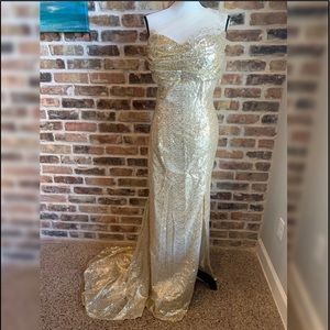 Gold sequin bridesmaid dress, evening slit gown